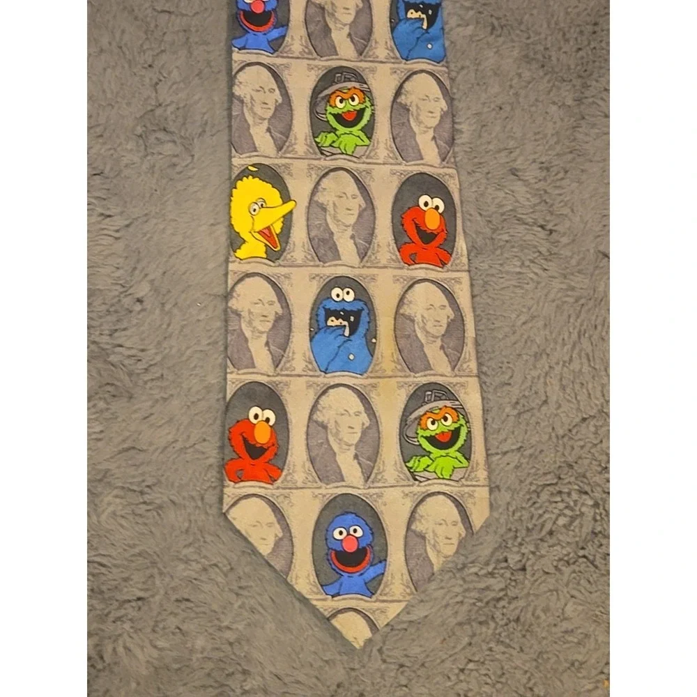 Vintage Sesame Street Dollar Bill Silk Tie Elmo Cookie Monster Novelty Money 90s